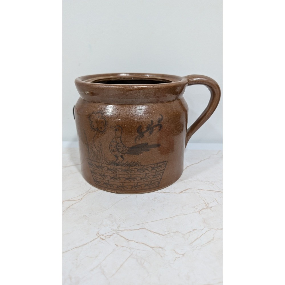Vintage Brown Stoneware Bean Pot Crock Folk Art Bird Hand Painted Glazed Pottery
